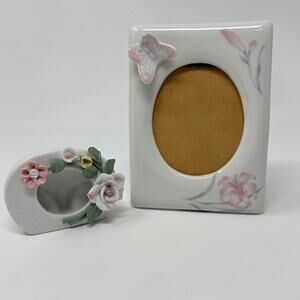 Vintage Cottage Porcelain Floral & Butterfly Oval Picture Frames